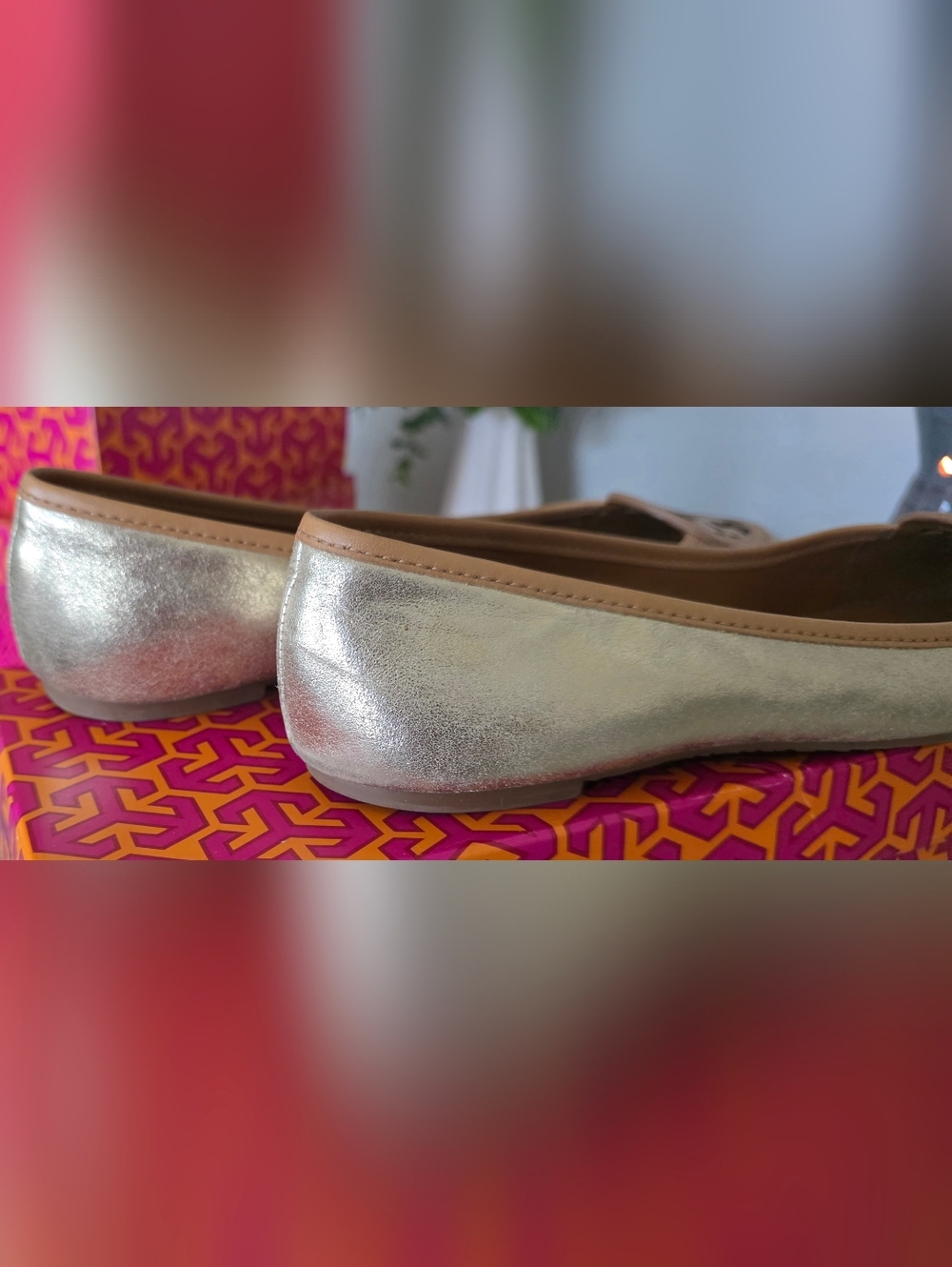 Tory Burch Platinum/Metallic Gold Leather Louisa Ballet Logo Flats - Picture 6 of 11